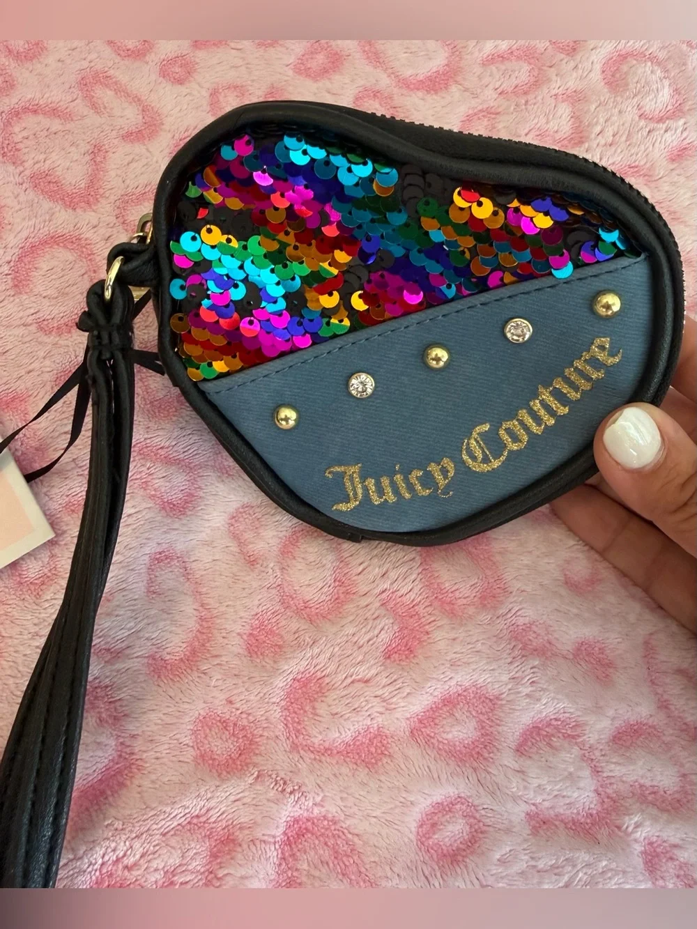 NWT Juicy Couture Multicolor Sequin & Denim Heart Wristlet Purse Women’s